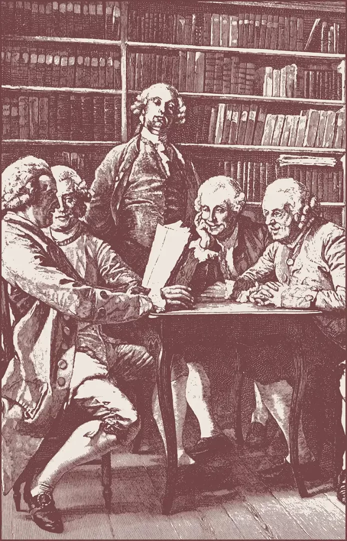 Engraving of early 19th century founders of the original Athenaeum library