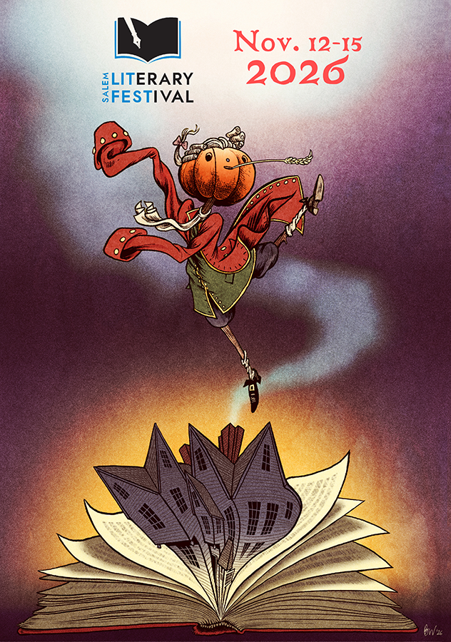 Drawing of a scarecrow jumping out of an opened book